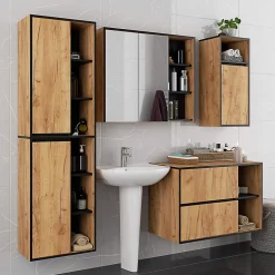 3xE Living Meuble de salle de bain, chêne artisanal/noir, 90 x 75 x 15 cm* Armoire De Toilette