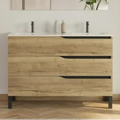 Cosyneo Meuble de salle de bain 120cm avec plan double vasque - 3 tiroirs - sans miroir - madera miel (bois clair) - MATA