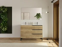 Cosyneo Meuble de salle de bain 120cm avec plan double vasque - 3 tiroirs - sans miroir - madera miel (bois clair) - MATA