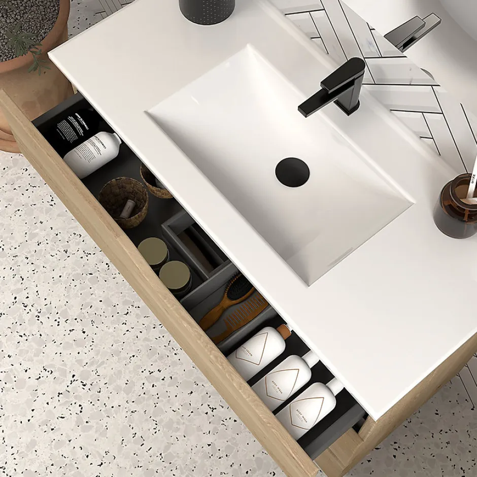 Cosyneo Meuble de salle de bain 90cm simple vasque - 3 tiroirs - sans miroir - madera miel (chêne clair) - MATA* Meuble Vasque