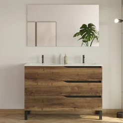 Cosyneo Meuble de salle de bain 120cm avec double vasque - 3 tiroirs et colonne de rangement - tabaco (chêne foncé) - MATA