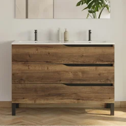 Cosyneo Meuble de salle de bain 120cm avec double vasque - 3 tiroirs et colonne de rangement - tabaco (chêne foncé) - MATA