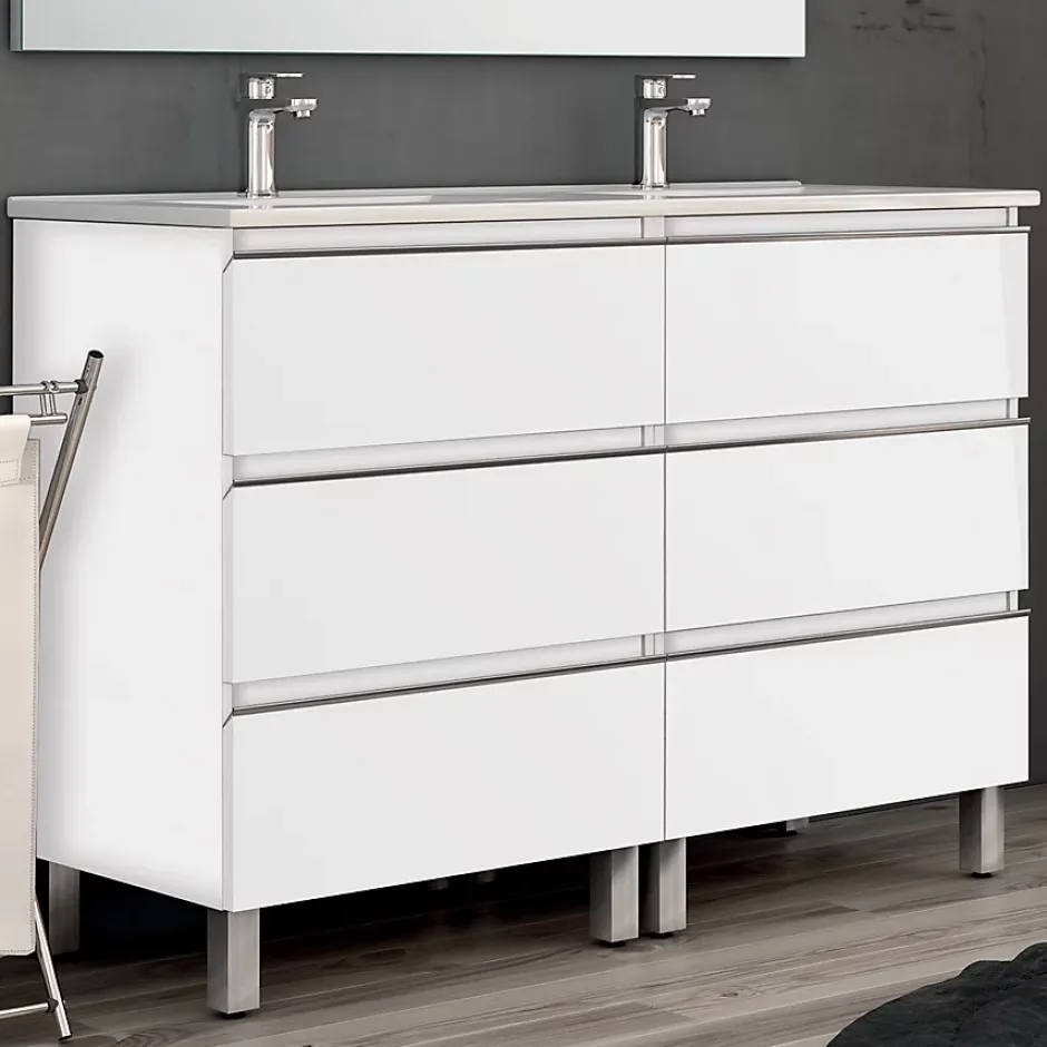 Cosyneo Meuble de salle de bain 140cm double vasque - 6 tiroirs - sans miroir - PALMA - blanc* Ensemble Meuble De Salle De Bains