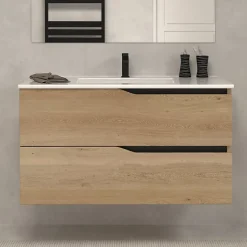 Cosyneo Meuble de salle de bain 100cm simple vasque - sans miroir - 2 tiroirs - madera miel (bois clair) - LUNA* Meuble Vasque