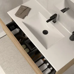 Cosyneo Meuble de salle de bain 100cm simple vasque - sans miroir - 2 tiroirs - madera miel (bois clair) - LUNA* Meuble Vasque