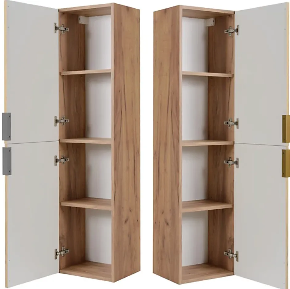 3xE Living Meuble de salle de bain, Chêne Craft, poignée argentée, 35 x 136 x 27 cm