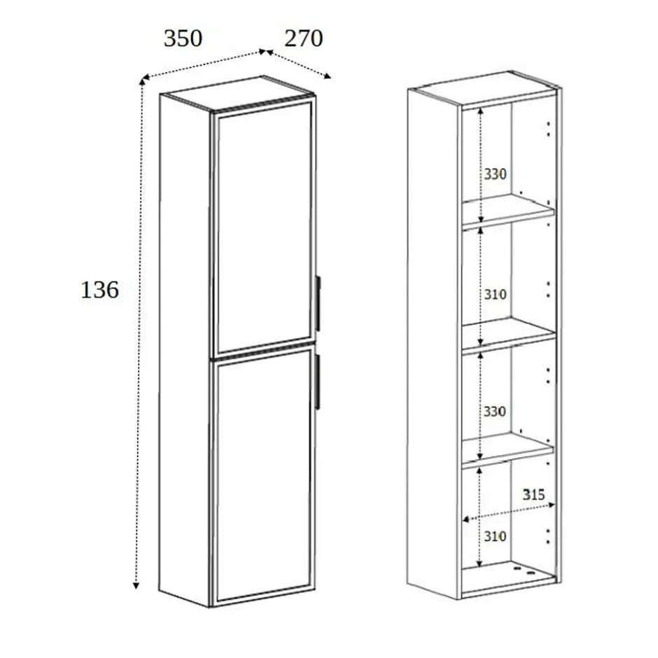 3xE Living Meuble de salle de bain, Chêne Craft, poignée argentée, 35 x 136 x 27 cm