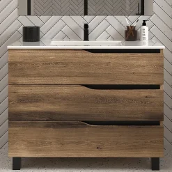 Cosyneo Meuble de salle de bain 90cm simple vasque - 3 tiroirs - sans miroir - tabaco (chêne foncé) - MATA