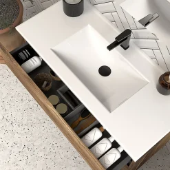 Cosyneo Meuble de salle de bain 90cm simple vasque - 3 tiroirs - sans miroir - tabaco (chêne foncé) - MATA