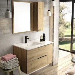 Cosyneo Meuble de salle de bain 80cm vasque déportée - 2 tiroirs - miroir avec armoirette - KING - Roble (chêne clair)* Ensemble Meuble De Salle De Bains