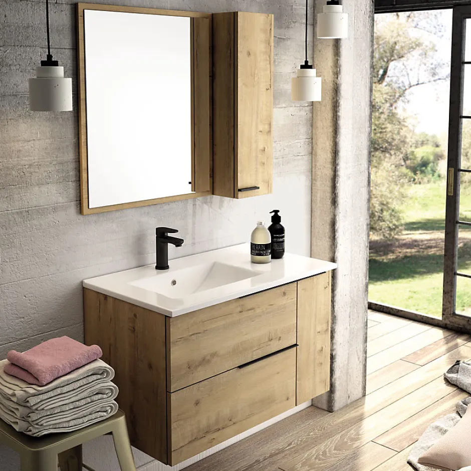 Cosyneo Meuble de salle de bain 80cm vasque déportée - 2 tiroirs - miroir avec armoirette - KING - Roble (chêne clair)* Ensemble Meuble De Salle De Bains