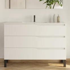 Cosyneo Meuble de salle de bain 120cm simple vasque - sans miroir - 3 tiroirs - blanc - MATA