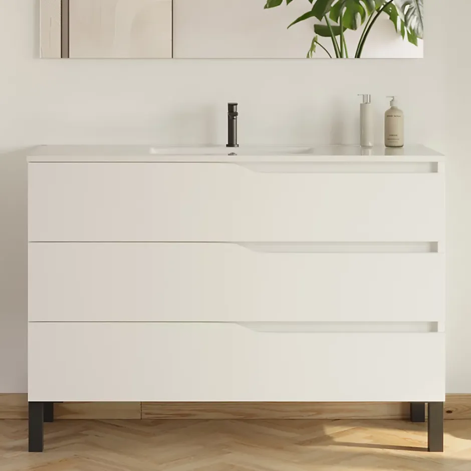 Cosyneo Meuble de salle de bain 120cm simple vasque - sans miroir - 3 tiroirs - blanc - MATA