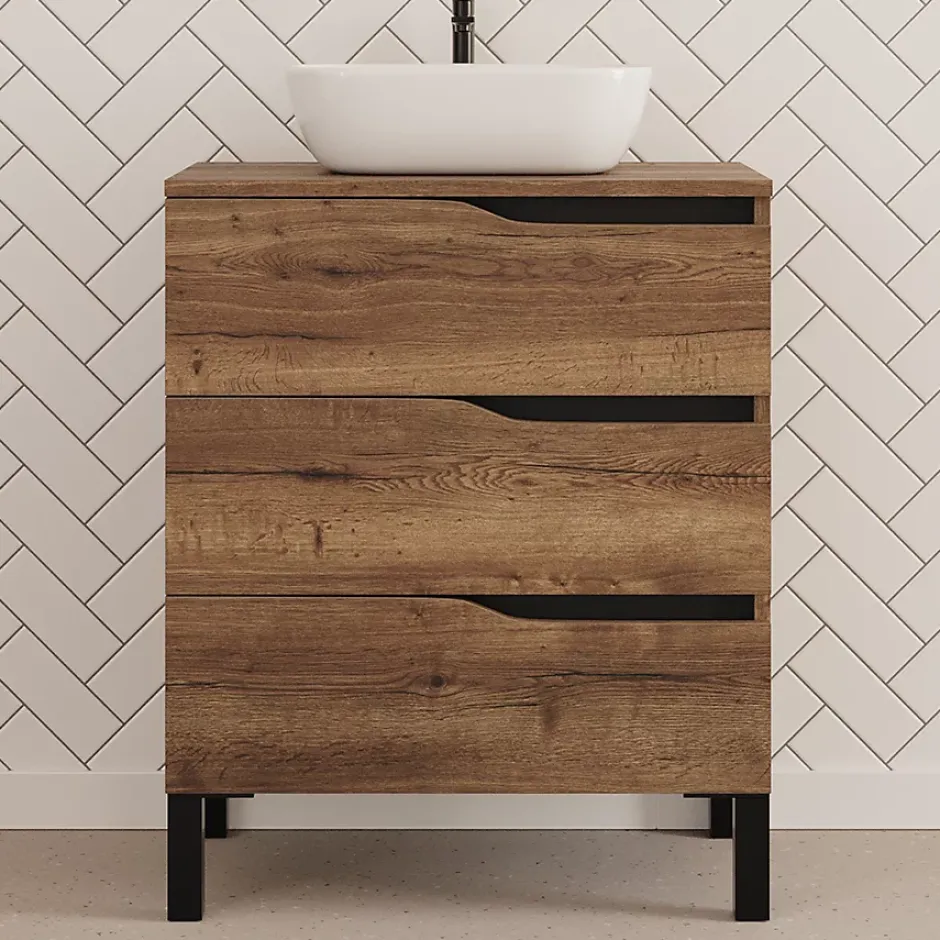 Cosyneo Meuble de salle de bain 80cm avec plateau et vasque à poser zeus - 3 tiroirs - sans miroir - tabaco (chêne foncé) - MATA* Meuble Vasque