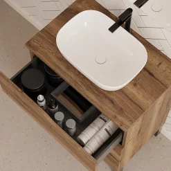 Cosyneo Meuble de salle de bain 80cm avec plateau et vasque à poser zeus - 3 tiroirs - sans miroir - tabaco (chêne foncé) - MATA* Meuble Vasque