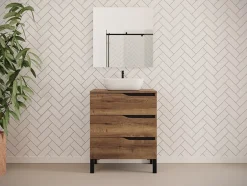 Cosyneo Meuble de salle de bain 80cm avec plateau et vasque à poser zeus - 3 tiroirs - sans miroir - tabaco (chêne foncé) - MATA* Meuble Vasque
