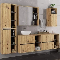3xE Living Meuble de salle de bain, chêne artisanal/gris graphite, 90 x 75 x 15 cm