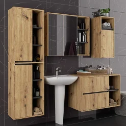3xE Living Meuble de salle de bain, chêne artisanal/gris graphite, 90 x 75 x 15 cm