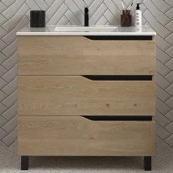 Cosyneo Meuble de salle de bain 60cm simple vasque - sans miroir - 3 tiroirs - madera miel (bois clair) - MATA
