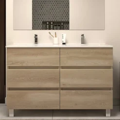 Cosyneo Meuble de salle de bain 120cm double vasque - sans miroir - 6 tiroirs - nebraska (bois clair) - MAYOR* Ensemble Meuble De Salle De Bains