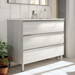 Cosyneo Meuble de salle de bain 100cm simple vasque - 3 tiroirs - sans miroir - PALMA - hibernian (bois blanchi)
