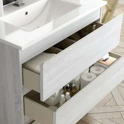 Cosyneo Meuble de salle de bain 100cm simple vasque - 3 tiroirs - sans miroir - PALMA - hibernian (bois blanchi)