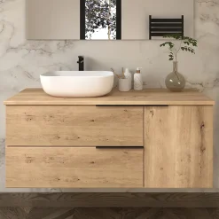 Cosyneo Meuble de salle de bain 100cm avec vasque à poser arrondie - 2 tiroirs - sans miroir - roble (chêne clair) - KING