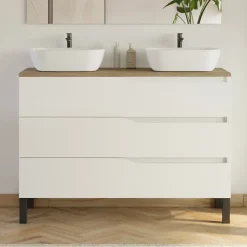 Cosyneo Meuble de salle de bain 120cm avec plateau miel et 2 vasques à poser Zeus - 3 tiroirs - sans miroir - blanc - MATA* Meuble Vasque