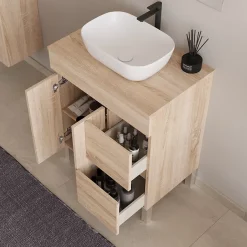 Cosyneo Meuble de salle de bain 70cm sur pieds avec plateau et 1 vasque à poser Zeus - sans miroir - portes et tiroirs - cambrian - HARO