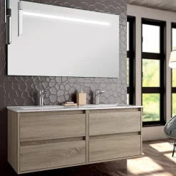 Cosyneo Meuble de salle de bain double vasque - 4 tiroirs - IRIS et miroir Led STAM - cambrian (chêne) - 120cm