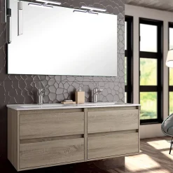 Cosyneo Meuble de salle de bain double vasque - 4 tiroirs - IRIS et miroir Led STAM - cambrian (chêne) - 120cm