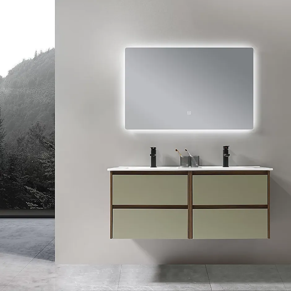 Luxury Bain Meuble de salle de bain double vasque 120cm bois et vert avec miroir LED LuxuryBain-