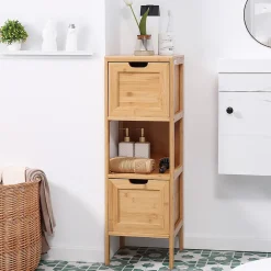 ProximaX Meuble de salle de bain en bambou avec 2 tiroirs, meuble bas latéral style campagnard, dispositif anti-basculement