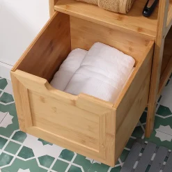 ProximaX Meuble de salle de bain en bambou avec 2 tiroirs, meuble bas latéral style campagnard, dispositif anti-basculement