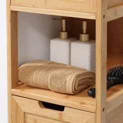 ProximaX Meuble de salle de bain en bambou avec 2 tiroirs, meuble bas latéral style campagnard, dispositif anti-basculement