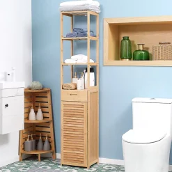 ProximaX Meuble de salle de bain en bambou naturel, avec tiroir, trois étagères et compartiment ouvert, Bois naturel.