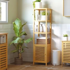 ProximaX Meuble de salle de bain en bambou naturel avec 3 compartiments ouverts, dimensions 36 x 33 x 140 cm pour un rangement optimal.