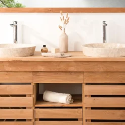 Wanda Collection Meuble de salle de bain en teck Zen double vasque 145cm