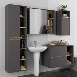 3xE Living Meuble de salle de bain, gris graphite/chêne artisanal, 50 x 170 x 30 cm