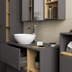 3xE Living Meuble de salle de bain, gris graphite/chêne artisanal, 50 x 170 x 30 cm
