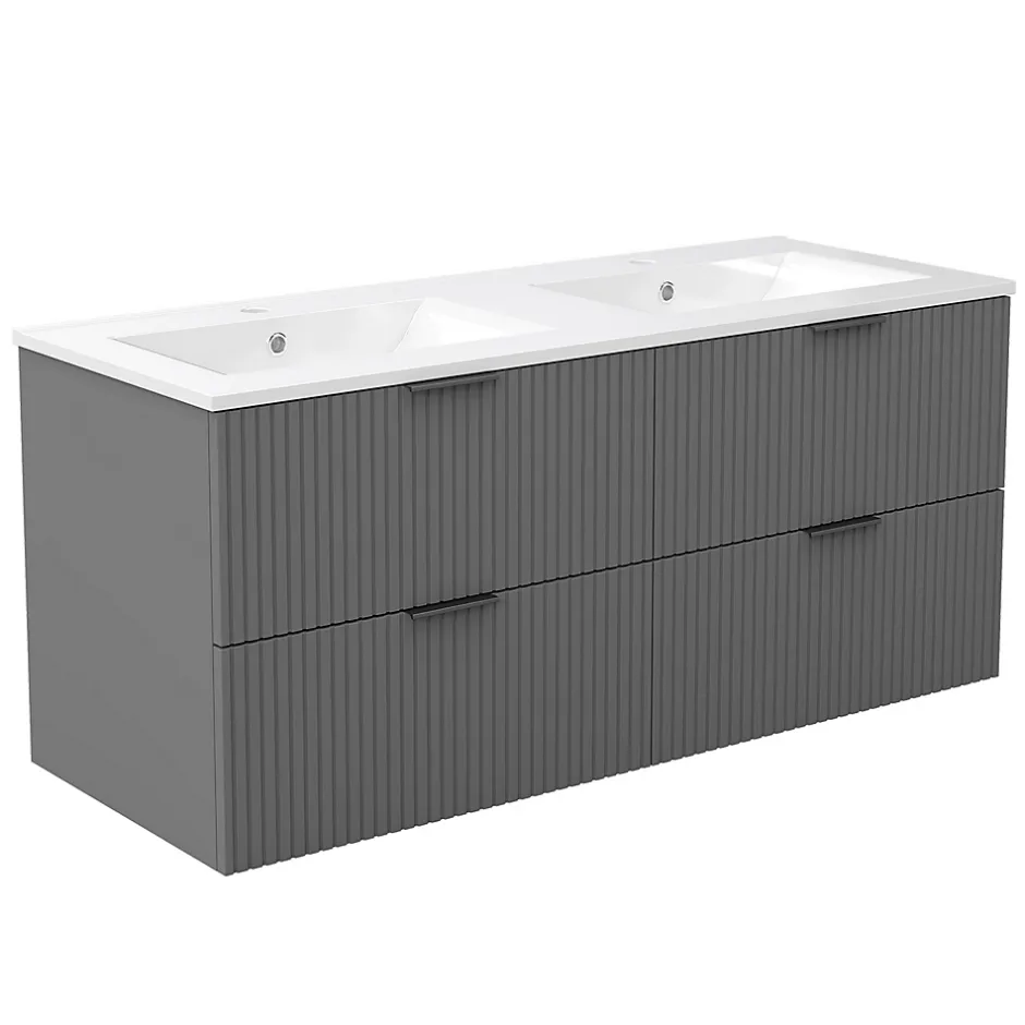 AICA Sanitaire Meuble de salle de bain mural 120 cm Anthracite - 4 tiroirs + Lavabo double en céramique,