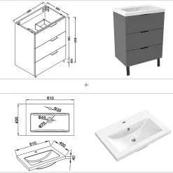 AICA Sanitaire Meuble de salle de bain mural avec pieds Anthracite 60 cm - 3 tiroirs, lavabo inclus,