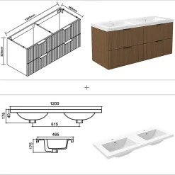AICA Sanitaire Meuble de salle de bain mural Noyer 120 cm - 4 tiroirs, lavabo inclus,