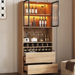 ProximaX Meuble de salle de bain, meuble bar, vitrine avec portes vitrées et éclairage, 180 cm