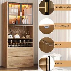 ProximaX Meuble de salle de bain, meuble bar, vitrine avec portes vitrées et éclairage, 180 cm