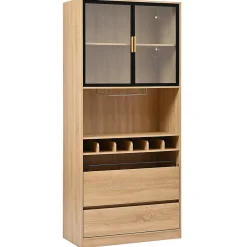 ProximaX Meuble de salle de bain, meuble bar, vitrine avec portes vitrées et éclairage, 180 cm