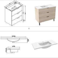 AICA Sanitaire Meuble de salle de bain mural avec pieds Chêne 100 cm - 3 tiroirs, lavabo inclus,