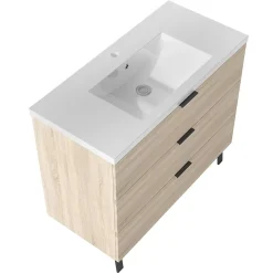 AICA Sanitaire Meuble de salle de bain mural avec pieds Chêne 100 cm - 3 tiroirs, lavabo inclus,