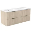 AICA Sanitaire Meuble de salle de bain mural 120 cm Chêne - 4 tiroirs + Lavabo double en céramique,