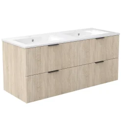 AICA Sanitaire Meuble de salle de bain mural 120 cm Chêne - 4 tiroirs + Lavabo double en céramique,